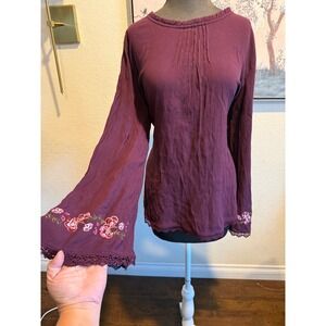 Time and Tru Womens XL Purple Embroidered Bell Sleeve Peasant Blouse Boho Top